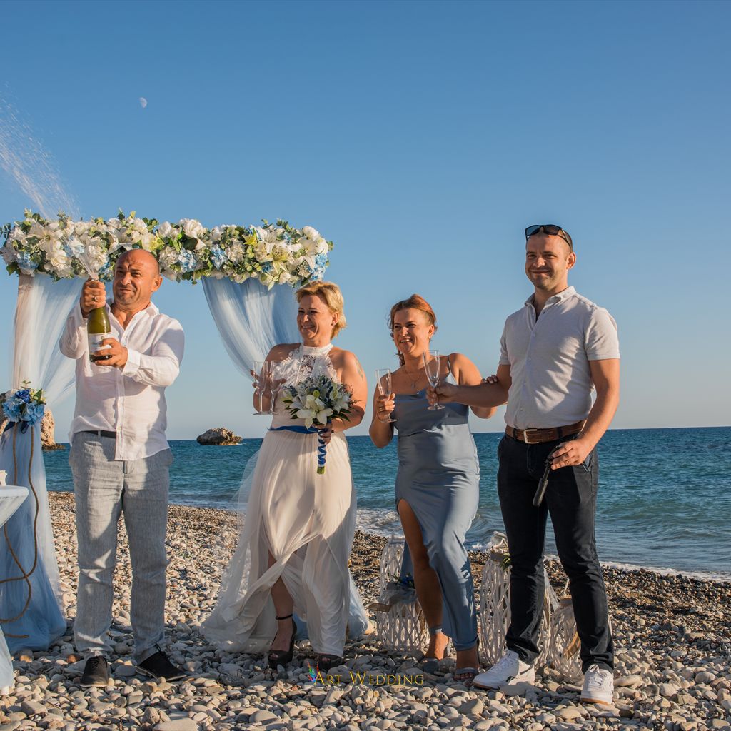 Wedding toast with guests by the sea