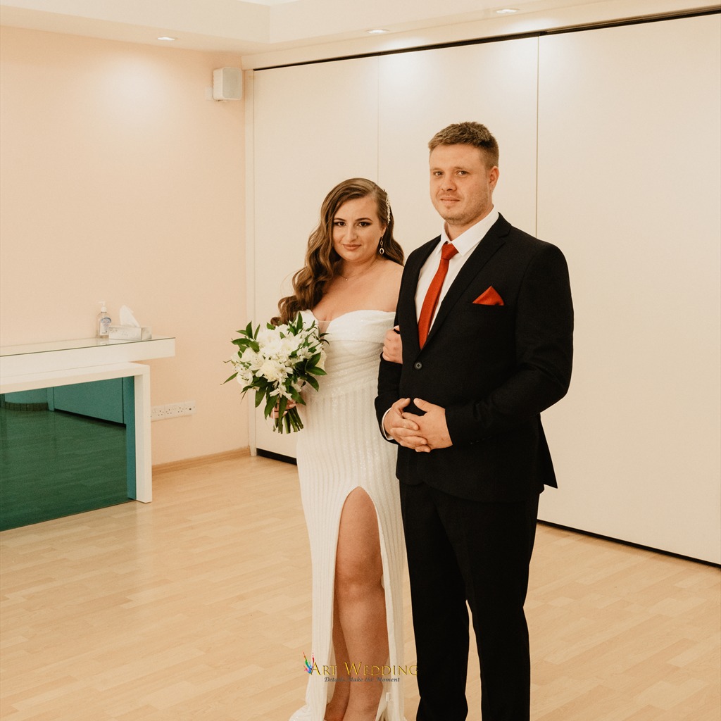 Newlyweds in the modern Aradippou Town Hall ceremony room