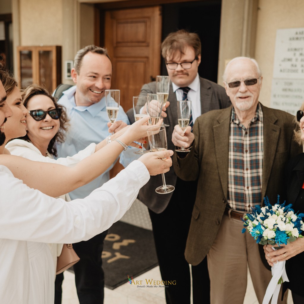 Wedding toast with guests after the ceremony