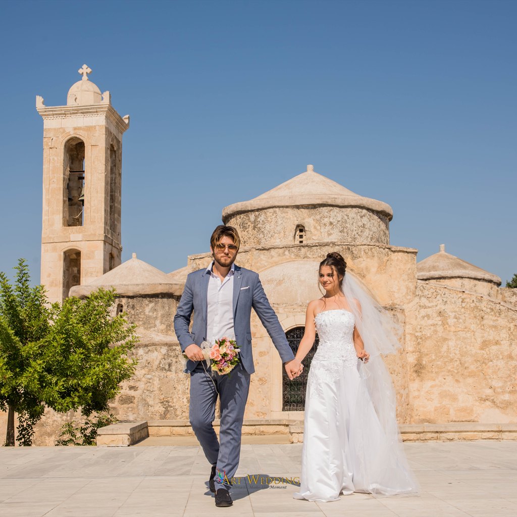 Wedding walk by an old church