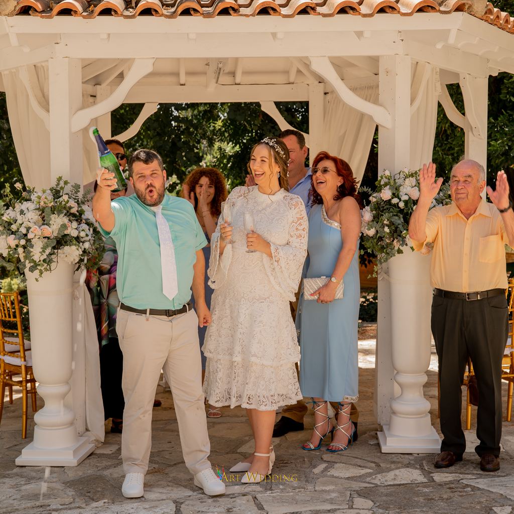 Newlyweds and guests celebrating with champagne at the gazebo