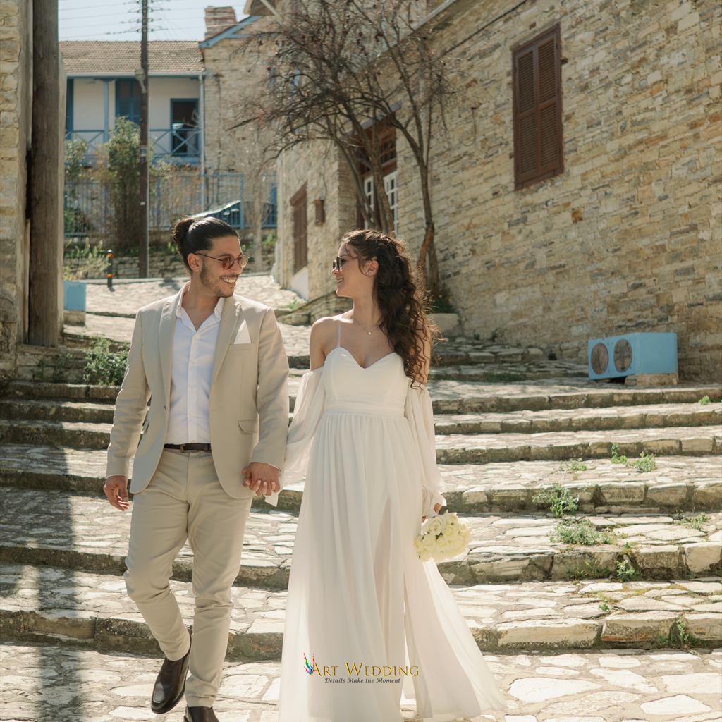 Wedding walk down stone steps — Lefkara, Cyprus