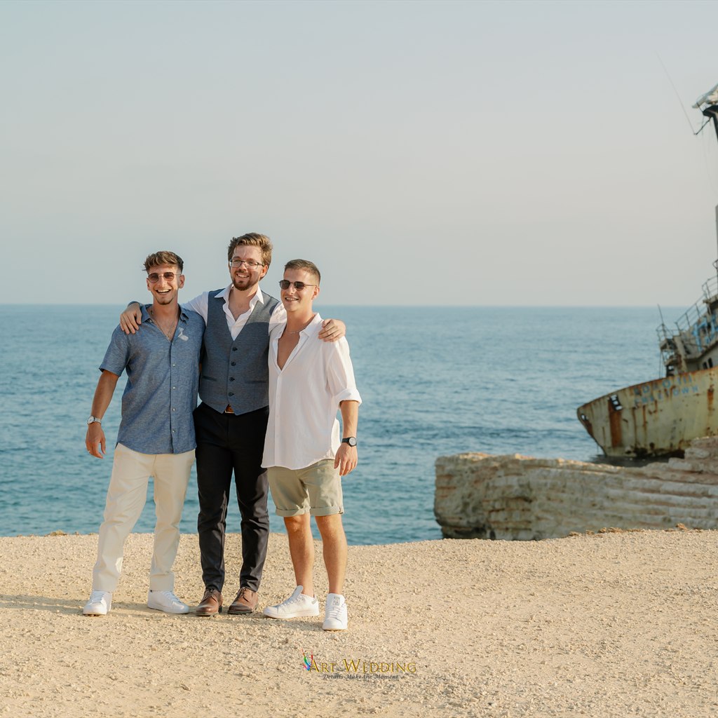 Groom with friends on the coast